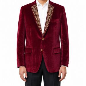 Mens 42R Burgundy Velvet Blazer Hand Embroidered Gold Floral Tuxedo Suit Jacket